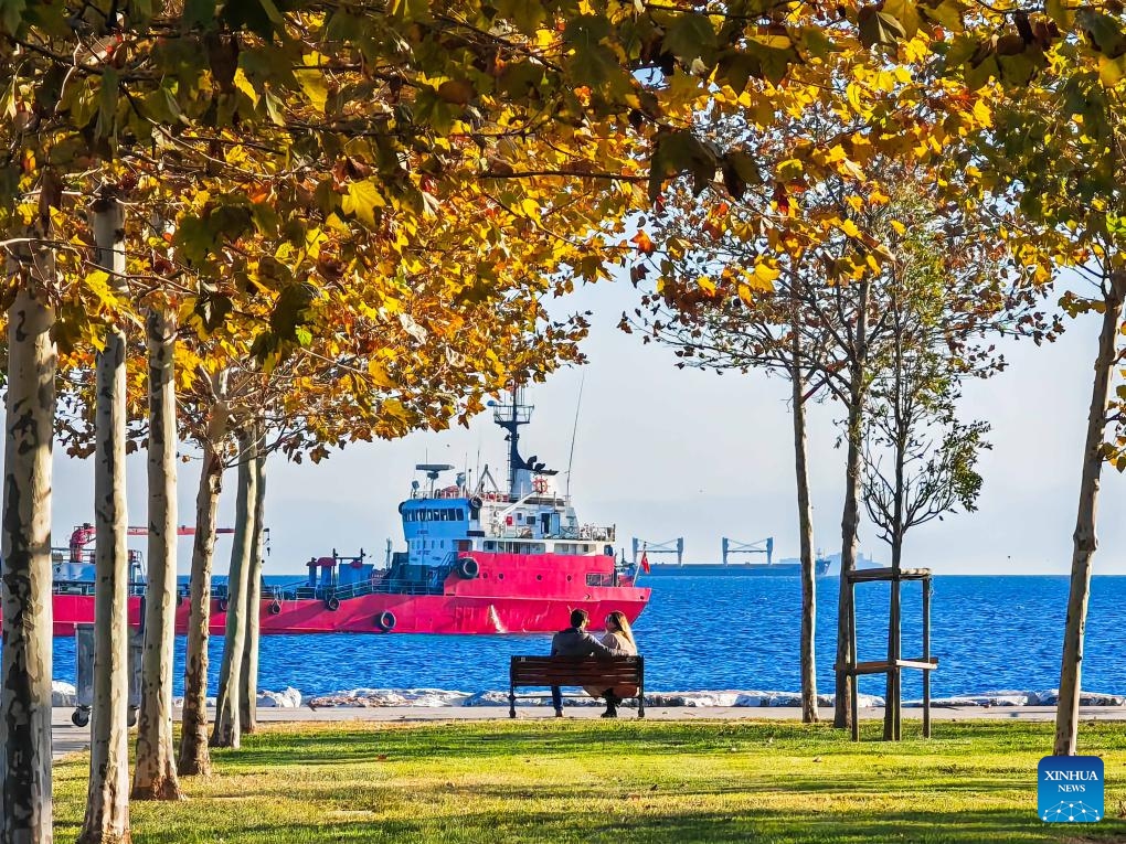 This photo taken with a mobile phone shows people resting on the coast of Marmara Sea in Istanbul, Türkiye, Oct. 26, 2024. (Photo: Xinhua)