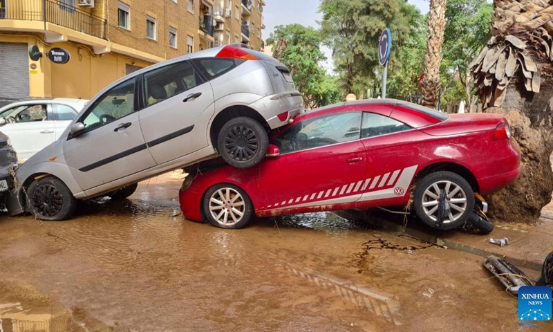 This photo taken on Oct. 30, 2024 shows the view of a flood-hit street in Aldaya, Valencia province of Spain. (Photo: Xinhua)