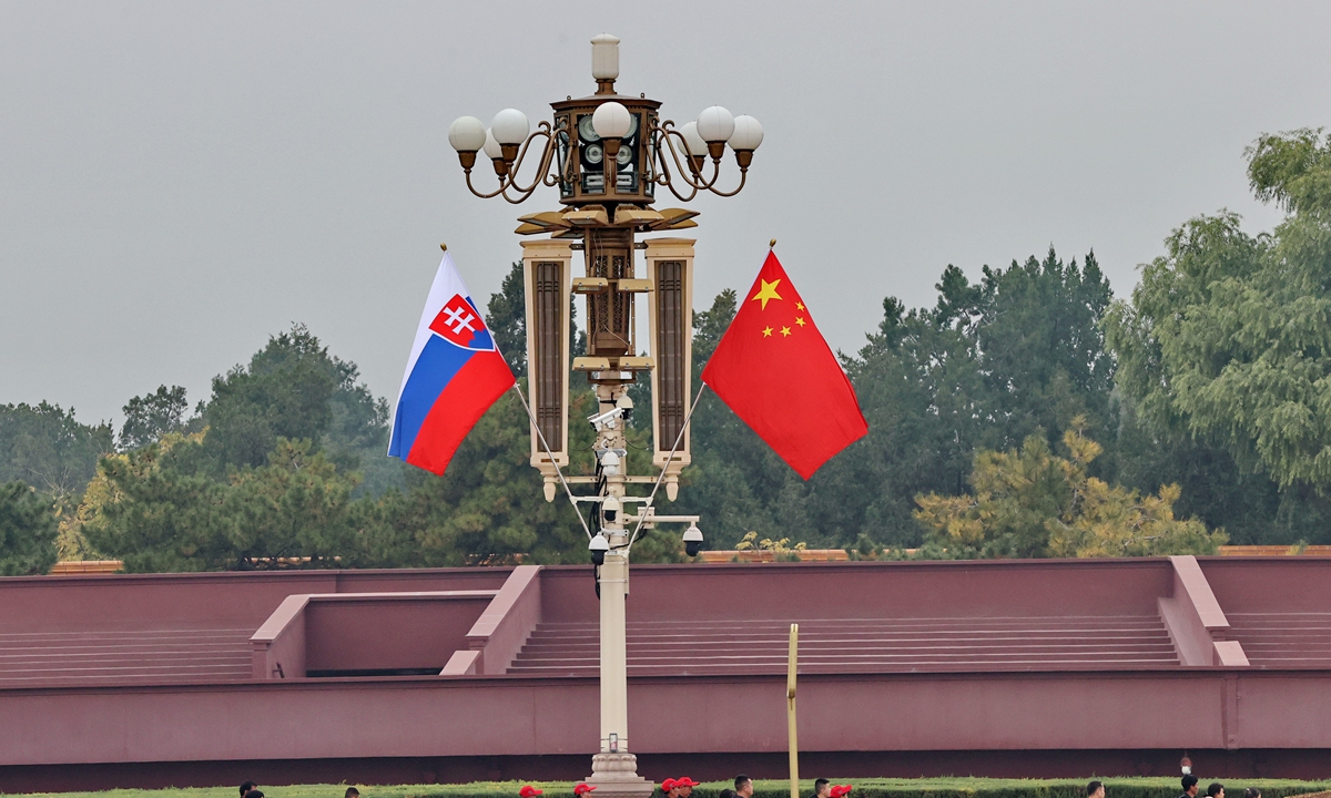 National flags of China and Slovakia are seen at the Tian'anmen Square on October 31, 2024. Photo: IC