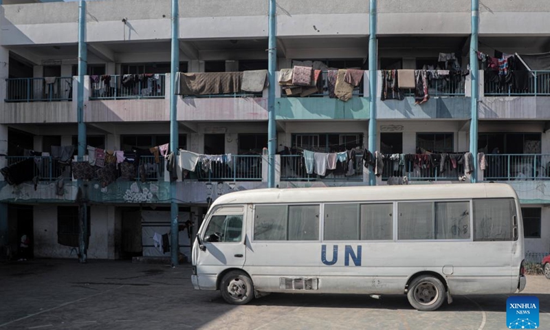 A shelter affiliated with the United Nations Relief and Works Agency for Palestine Refugees in the Near East (UNRWA) is pictured in the southern Gaza Strip city of Khan Younis, on Oct. 29, 2024. UN Secretary-General Antonio Guterres on Tuesday sent a letter to Israeli Prime Minister Benjamin Netanyahu, expressing his concerns over the new legislations that banned a UN agency's operations, a UN spokesperson said. (Photo: Xinhua)