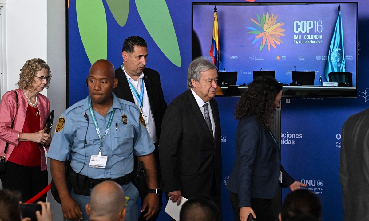 UN Secretary-General Antonio Guterres arrives at a press conference at the blue zone of the COP16 summit in Cali, Colombia, on October 30, 2024. Humanity faces an 