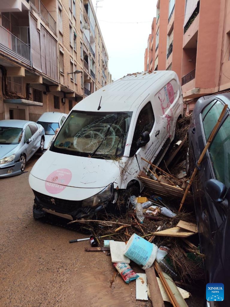 This photo taken on Oct. 30, 2024 shows the view of a flood-hit street in Aldaya, Valencia province of Spain. (Photo: Xinhua)