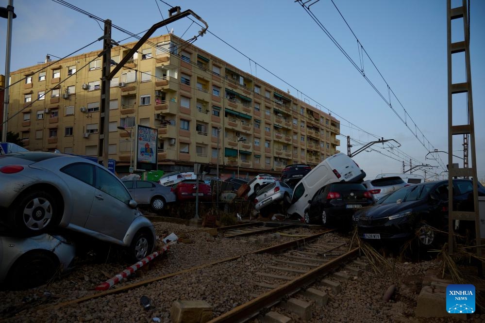 This photo shows a view of the flood-hit area in Valencia, Spain, Oct. 30, 2024. At least 95 people have been killed in flooding as torrential rain battered Spain's eastern region of Valencia and the neighboring provinces of Albacete and Cuenca, according to Angel Victor Torres, Minister for Territorial Policy and Democratic Memory. The Spanish government declared three days of official mourning on Wednesday. (Photo: Xinhua)