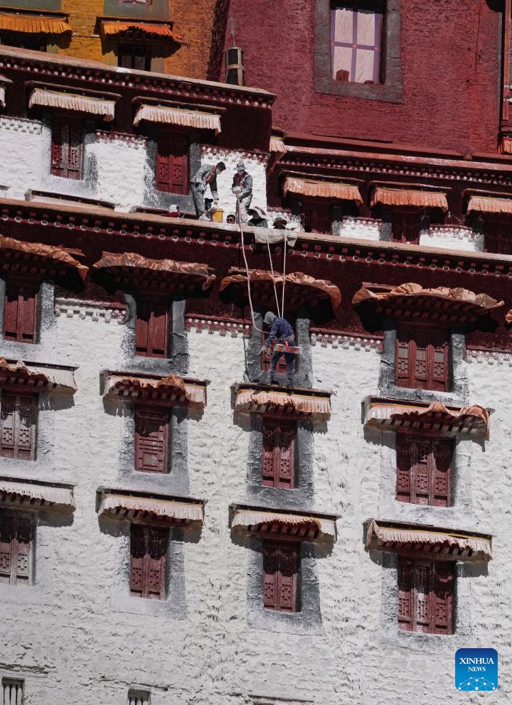 Workers paint the wall of the Potala Palace during an annual renovation of the ancient architectural complex in Lhasa, southwest China's Xizang Autonomous Region, Oct. 30, 2024. (Photo: Xinhua)