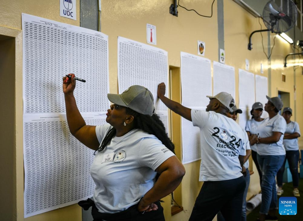 Staff members count ballots at a polling station in Tlokweng, South-East district, Botswana, Oct. 31, 2024. Botswana nationals on Wednesday headed to polling stations to cast their ballots for new parliamentarians and local authorities. According to the southern African country's electoral law, the polling will determine 61 members of the National Assembly and 609 local councilors, with the party that holds at least 31 parliament seats to be declared as the winner. (Photo: Xinhua)