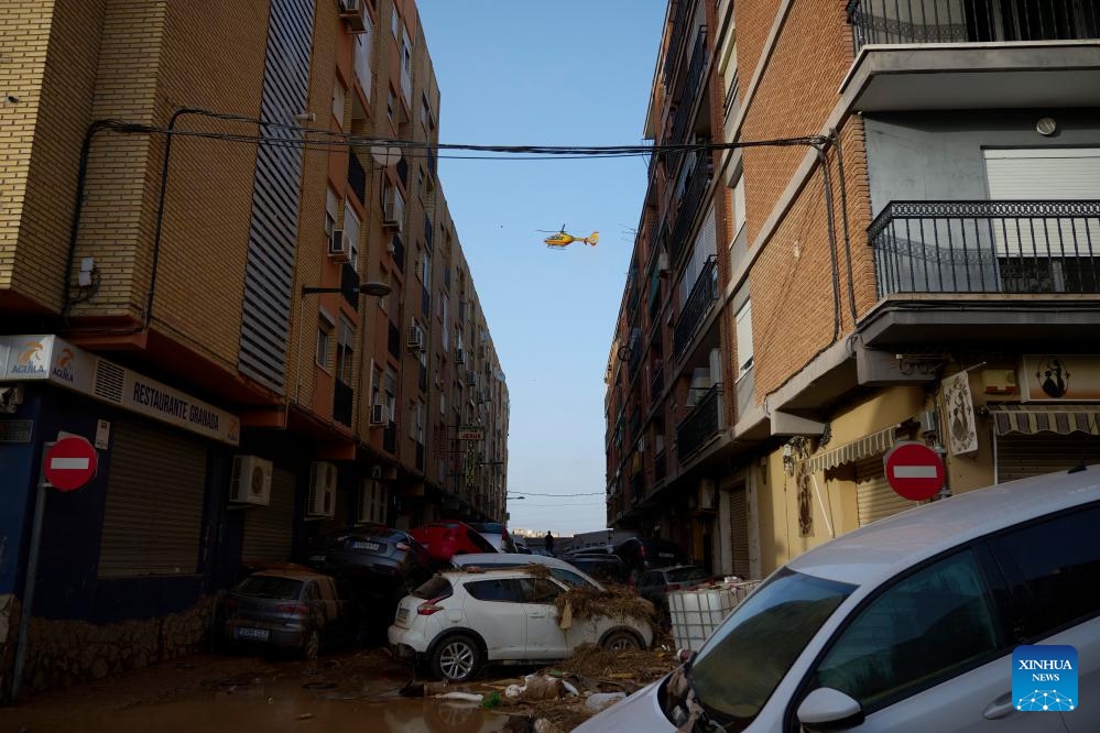 This photo shows a view of the flood-hit area in Valencia, Spain, Oct. 30, 2024. At least 95 people have been killed in flooding as torrential rain battered Spain's eastern region of Valencia and the neighboring provinces of Albacete and Cuenca, according to Angel Victor Torres, Minister for Territorial Policy and Democratic Memory. The Spanish government declared three days of official mourning on Wednesday. (Photo: Xinhua)