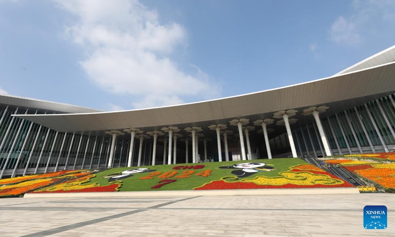 This photo taken on Nov. 2, 2024 shows the south square of the National Exhibition and Convention Center (Shanghai), the main venue for the 7th China International Import Expo (CIIE), in east China's Shanghai. Preparations for the 7th CIIE, which is scheduled to take place in Shanghai from Nov. 5 to 10, have entered the final stage. (Photo: Xinhua)