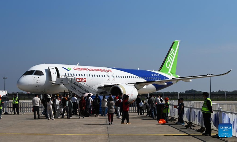 China's large passenger aircraft C919 is on display during the Nanchang Air Show in Nanchang, east China's Jiangxi Province, Nov. 2, 2024. The 2024 China Aviation Industry Conference and Nanchang Air Show kicked off here on Saturday. (Photo: Xinhua)