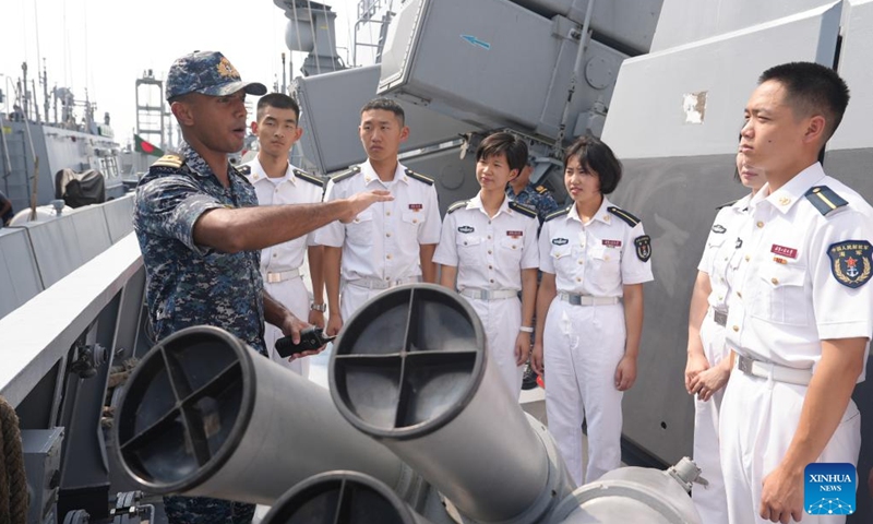 Cadets from the Naval University of Engineering conduct an overseas visit mission on a Bangladeshi navy vessel, Oct. 13, 2024. (Photo: Xinhua)