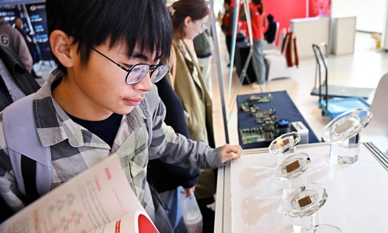 A participant looks at domestic chips at the exhibition area of the 2024 China Automation Congress in Qingdao, east China's Shandong Province, Nov. 2, 2024. The 2024 China Automation Congress, which focuses on the deep integration of automation and artificial intelligence as well as explores the innovative development of new industries and technologies, would last from Nov. 1 to Nov. 3 here. (Photo: Xinhua)