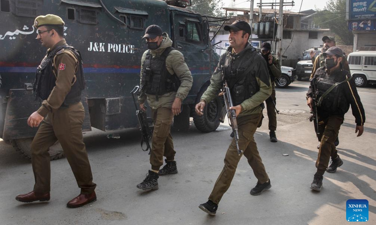 Indian policemen are pictured near the site of a gunfight in Srinagar, the summer capital of Indian-controlled Kashmir, Nov. 2, 2024. Three militants were killed and four government forces personnel wounded Saturday in two separate gunfights in Indian-controlled Kashmir, police said. (Photo: Xinhua)