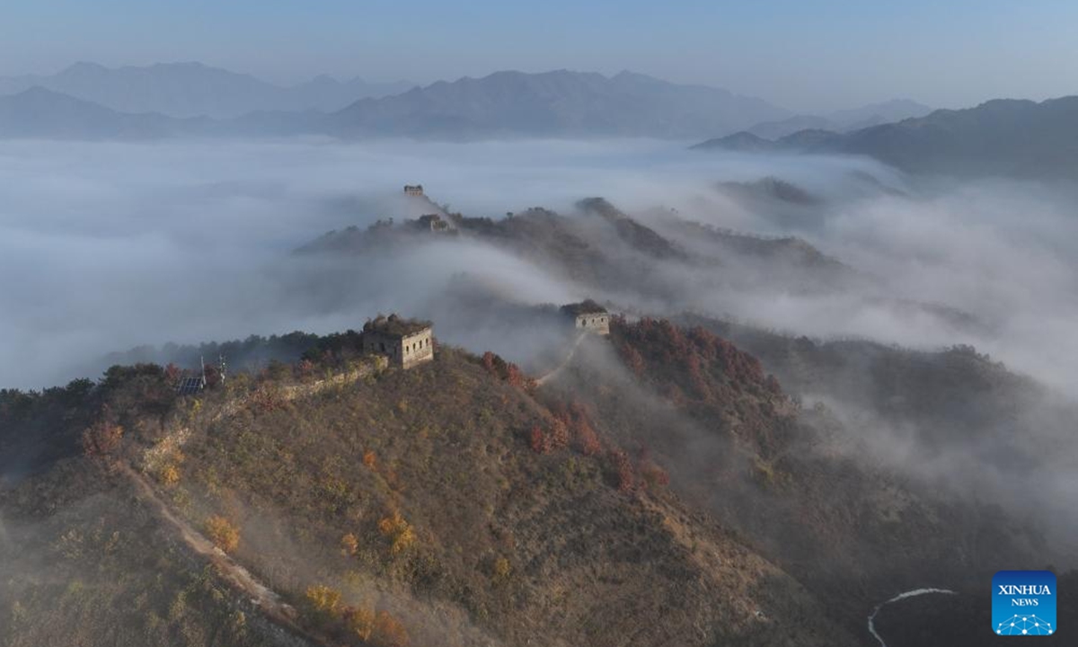 An aerial drone photo taken on Nov. 1, 2024 shows a section of the Great Wall in Qianxi County of Tangshan, north China's Hebei Province.  (Photo: Xinhua)