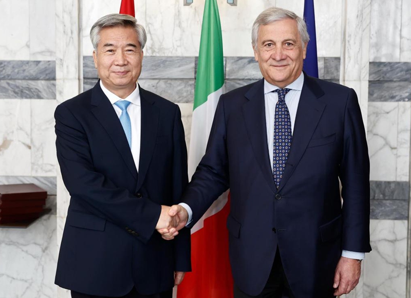 Li Xi, a member of the Standing Committee of the Political Bureau of the Communist Party of China (CPC) Central Committee and secretary of the CPC Central Commission for Discipline Inspection, meets with Italy's Deputy Prime Minister and Foreign Minister Antonio Tajani in Rome, Italy, Oct. 31, 2024. Li led a CPC delegation on official goodwill visit to Italy from Wednesday to Saturday at the invitation of the Italian Senate. (Xinhua/Yue Yuewei)