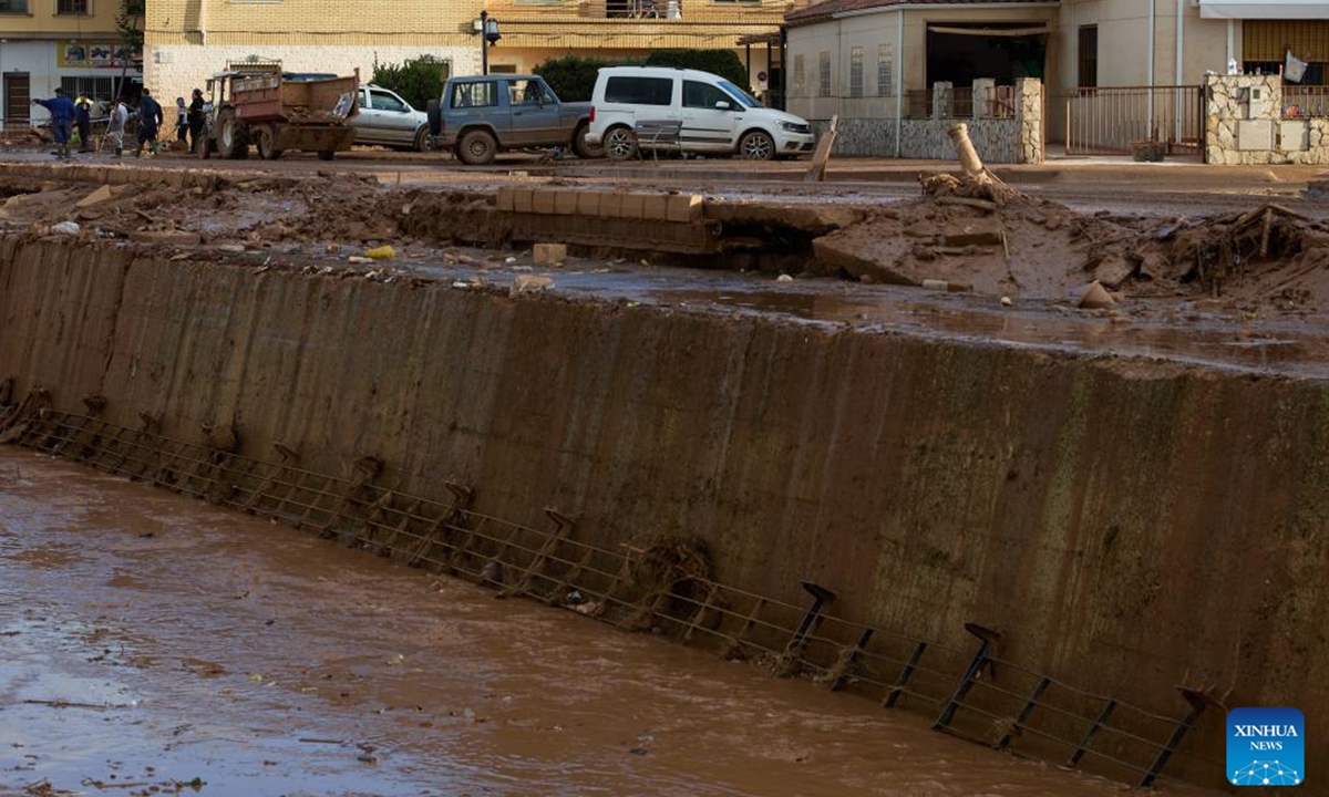 This photo taken on Nov. 2, 2024 shows a view of the flood-affected area in Utiel, Spain. Torrential rains over recent days have triggered Spain's worst flooding in decades. The death toll from the flooding had risen to 211 as of Saturday morning, according to the government.  (Photo: Xinhua)