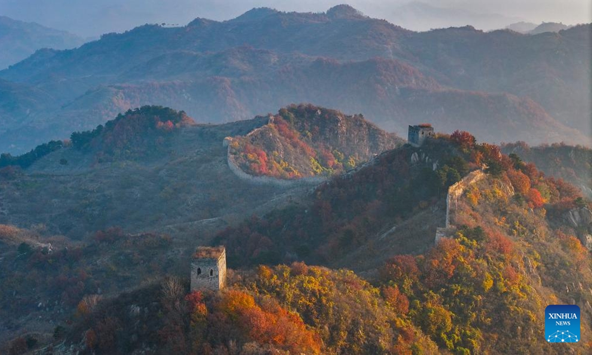 An aerial drone photo taken on Nov. 1, 2024 shows a section of the Great Wall in Qianxi County of Tangshan, north China's Hebei Province.  (Photo: Xinhua)