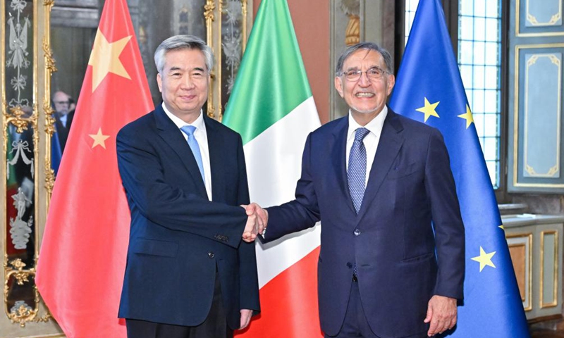 Li Xi, a member of the Standing Committee of the Political Bureau of the Communist Party of China (CPC) Central Committee and secretary of the CPC Central Commission for Discipline Inspection, meets with Italy's Senate President Ignazio La Russa in Rome, Italy, Oct. 31, 2024. Li led a CPC delegation on official goodwill visit to Italy from Wednesday to Saturday at the invitation of the Italian Senate. (Xinhua/Yue Yuewei)