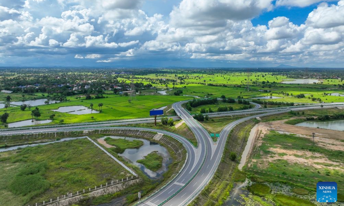 An aerial drone photo taken on Sept. 25, 2024 shows a section of the Phnom Penh-Sihanoukville Expressway in Kampong Speu province, Cambodia. The number of users of the Chinese-invested Phnom Penh-Sihanoukville Expressway in Cambodia had hit 10 million during the first two years of its operation. (Cambodian PPSHV Expressway Co., Ltd./Handout via Xinhua)