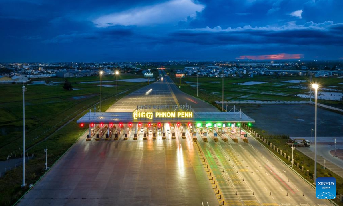 An aerial drone photo taken on Sept. 25, 2024 shows a toll station of the Phnom Penh-Sihanoukville Expressway in Phnom Penh, Cambodia. The number of users of the Chinese-invested Phnom Penh-Sihanoukville Expressway in Cambodia had hit 10 million during the first two years of its operation. (Cambodian PPSHV Expressway Co., Ltd./Handout via Xinhua)