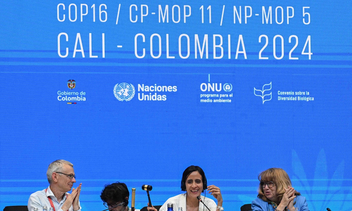 COP16 President Susana Muhamad (center) attends the last plenary session of the COP16 Summit in Cali, Colombia on November 2, 2024. Diplomats from around the world ended two weeks of environmental talks on the same day after agreeing on a new fund that would shift some of the profits from nature's DNA to global conservation efforts. Photo: VCG