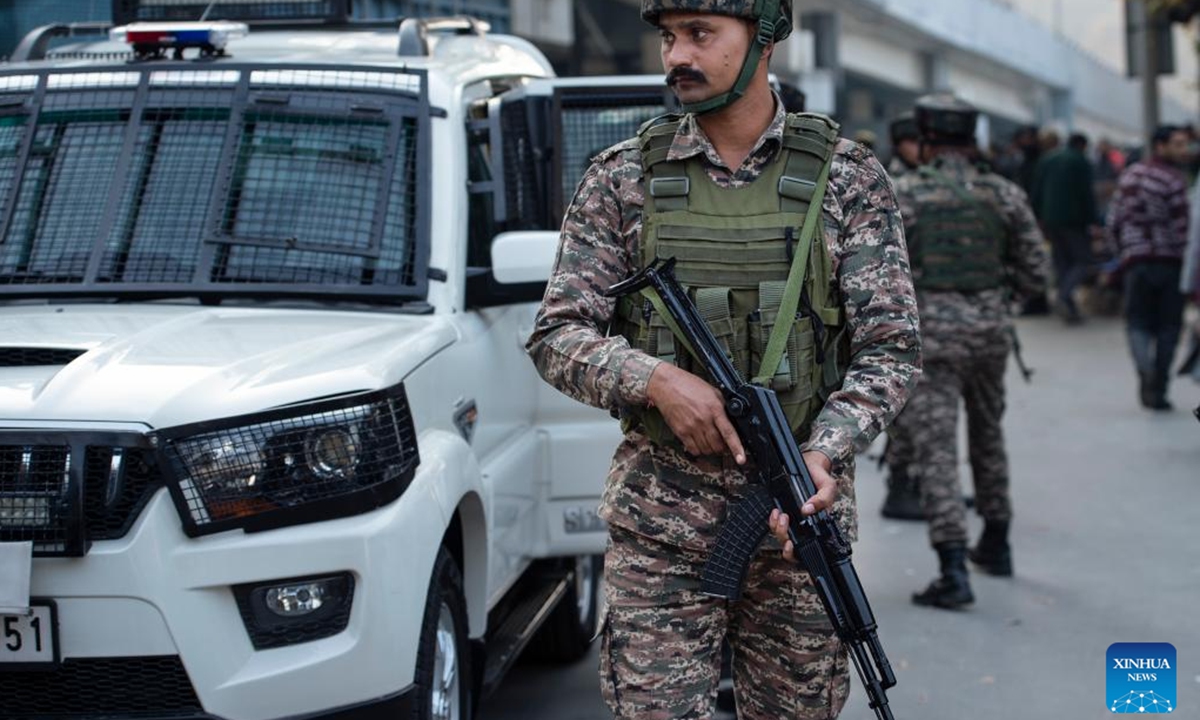 Indian paramilitary troopers stand near the site of a grenade blast at a market place in Srinagar, the summer capital of Indian-controlled Kashmir, Nov. 3, 2024. At least six people were injured when suspected militants threw a grenade at a busy market area in Indian-controlled Kashmir's summer capital of Srinagar on Sunday, confirmed a local police official over phone. (Photo: Xinhua)