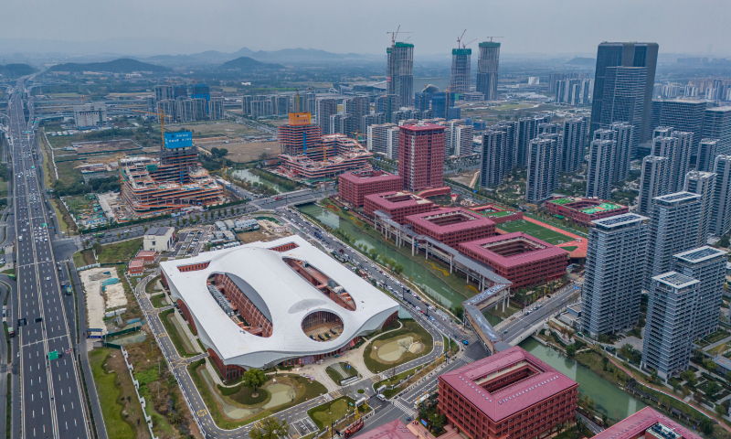 This photo taken on December 8, 2024, shows the aerial view of a project for hyper-gravity experiments in Hangzhou, East China's Zhejiang Province. Currently, the main engine of the first centrifuge for hyper-gravity experiments has been installed. The project will mark the completion of a 1,300-gravity ton model machine, a 100-gravity ton validation machine and a data center within this year, and enter the first stage of trial operation as planned. Photo: VCG