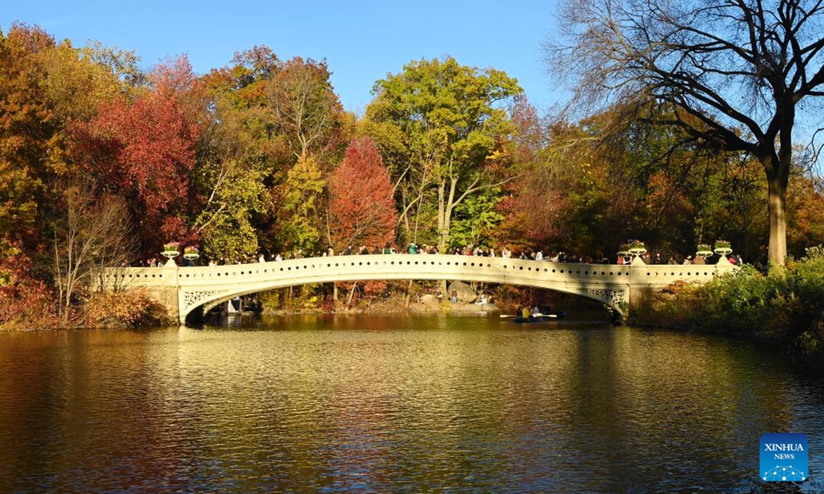 People visit the Bow Bridge with fall foliage as its backdrop at Central Park in New York, the United States, on Nov. 2, 2024.  (Photo: Xinhua)