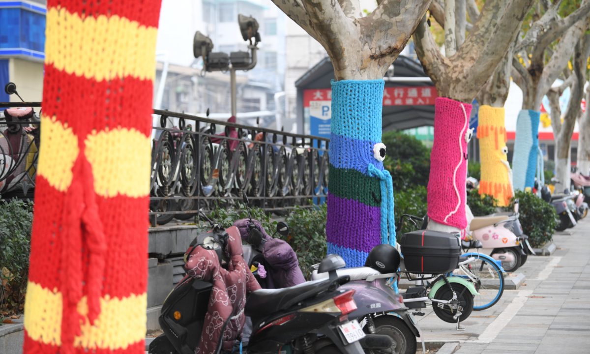 Trees in front of a shopping mall on Changjiang Road in Hefei, East China’s Anhui Province, are wearing lovely, bright sweaters to add warmth and novelty to the city in winter on December 5, 2024. Photo: IC