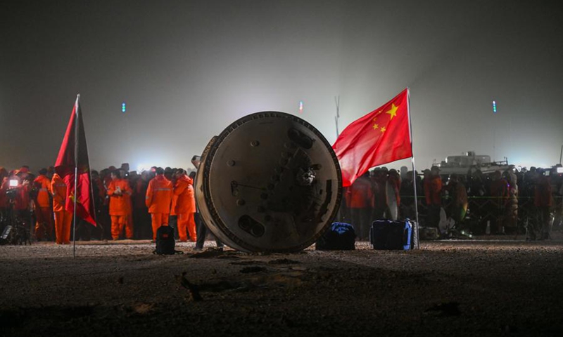 The return capsule of the Shenzhou-18 manned spaceship, carrying taikonauts Ye Guangfu, Li Cong and Li Guangsu, touches down at the Dongfeng landing site in North China's Inner Mongolia Autonomous Region, on November 4. Photo: Xinhua