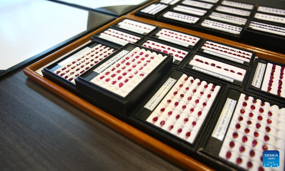 Rubies are displayed at the office of Li Jiachun, a 49-year-old jeweler and also a dedicated exhibitor at the China International Import Expo (CIIE), in Bangkok, Thailand, Oct. 23, 2024.(Photo: Xinhua)