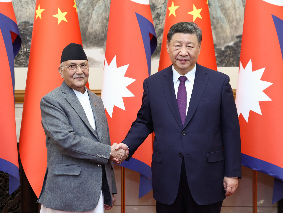 Chinese President Xi Jinping meets with Nepali Prime Minister KP Sharma Oli, who is on an official visit to China, at the Diaoyutai State Guesthouse in Beijing on December 3, 2024. Photo: Xinhua