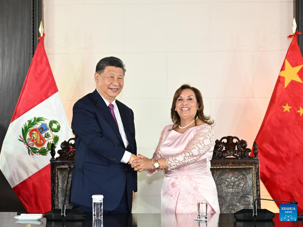 Chinese President Xi Jinping and his Peruvian counterpart, Dina Boluarte, attend the opening ceremony of the Chancay Port via video link in Lima, Peru, Nov 14, 2024. Photo:Xinhua