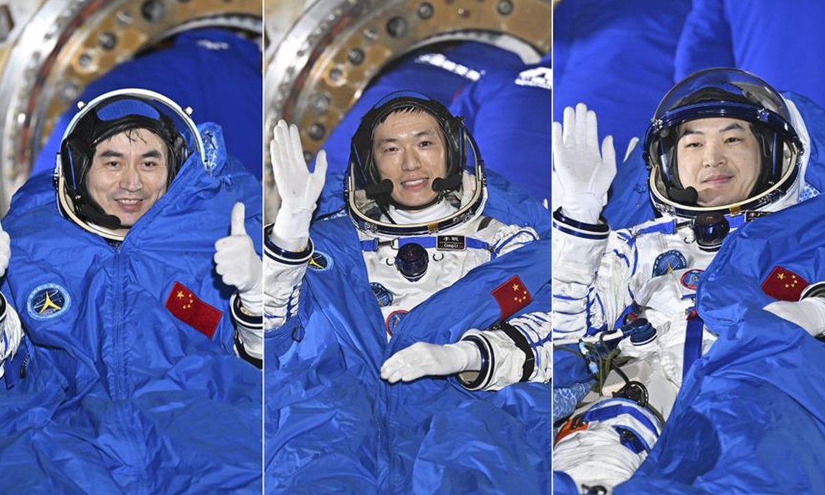 In this combo photo, astronauts Ye Guangfu, Li Cong and Li Guangsu (from left to right) are out of the return capsule of the Shenzhou-18 manned spaceship at the Dongfeng landing site in north China's Inner Mongolia Autonomous Region, November 4. Photo: Xinhua/Li Xin)