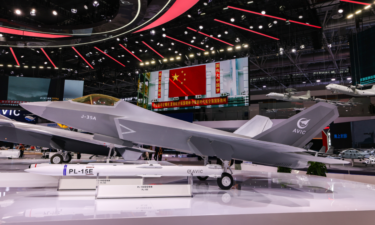 Model of a J-35A stealth fighter jet is on display at the exhibition hall of the Aviation Industry Corporation of China at the Airshow China 2024 in Zhuhai, South China’s Guangdong Province. Photo: Fan Wei/GT