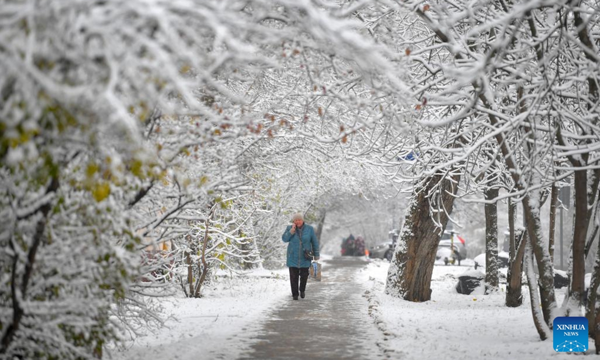 People walk in a snow-covered park in Moscow, Russia, Nov. 4, 2024. (Photo: Xinhua)