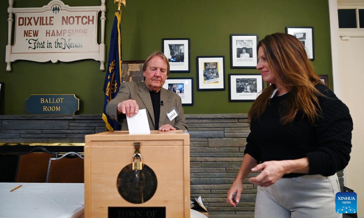 A moderator helps a voter (R) cast her ballot for the U.S. presidential election in Dixville Notch, New Hampshire, the United States, on Nov. 5, 2024. Voters in Dixville Notch, New Hampshire, went to the polls early Tuesday morning, marking the official start of Election Day voting for the 2024 U.S. presidential election.(Photo: Xinhua)