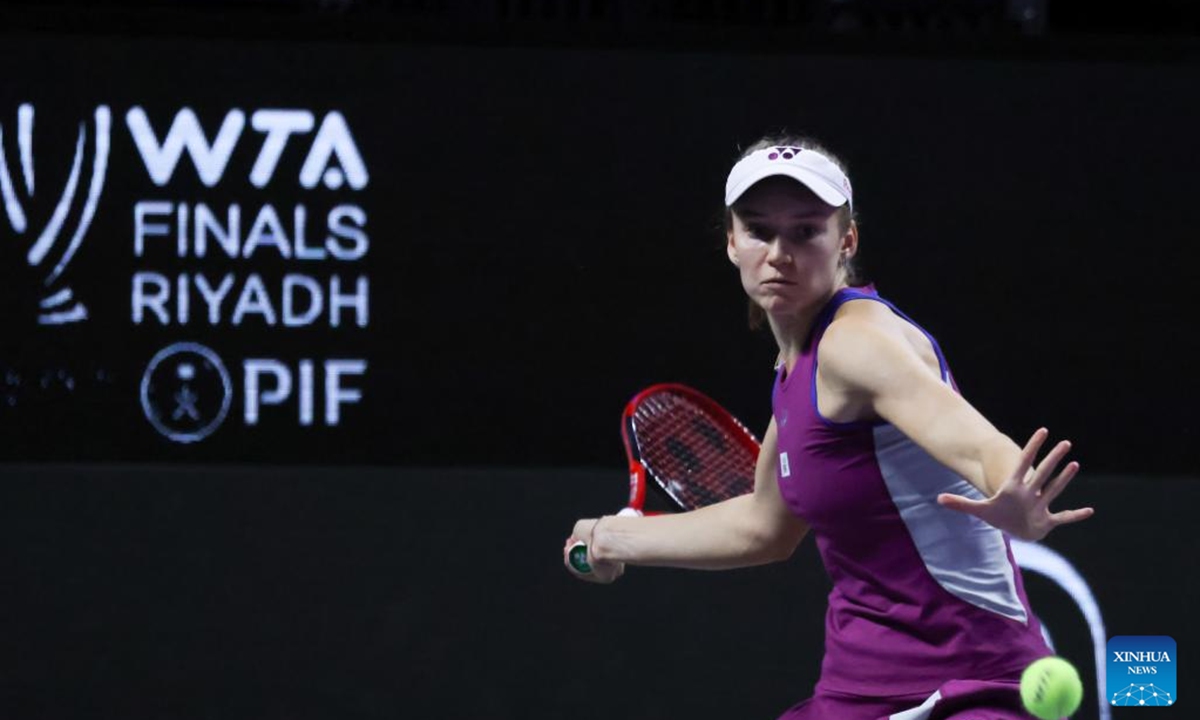 Elena Rybakina of Kazakhstan competes during the round robin match against Zheng Qinwen of China at WTA Finals tennis tournament in Riyadh, Saudi Arabia, Nov. 4, 2024. (Photo: Xinhua)