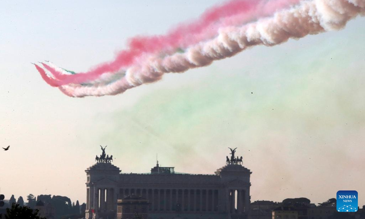 The Italian Air Force's Frecce Tricolori aerobatic squad performs in celebration of the Italian National Unity and Armed Forces Day in Rome, Italy, on Nov. 4, 2024.  (Photo: Xinhua)