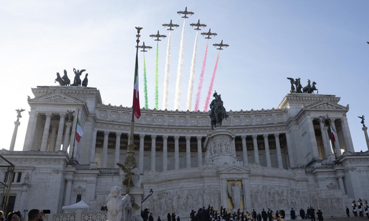 The Italian Air Force's Frecce Tricolori aerobatic squad performs in celebration of the Italian National Unity and Armed Forces Day in Rome, Italy, on Nov. 4, 2024.  (Photo: Xinhua)