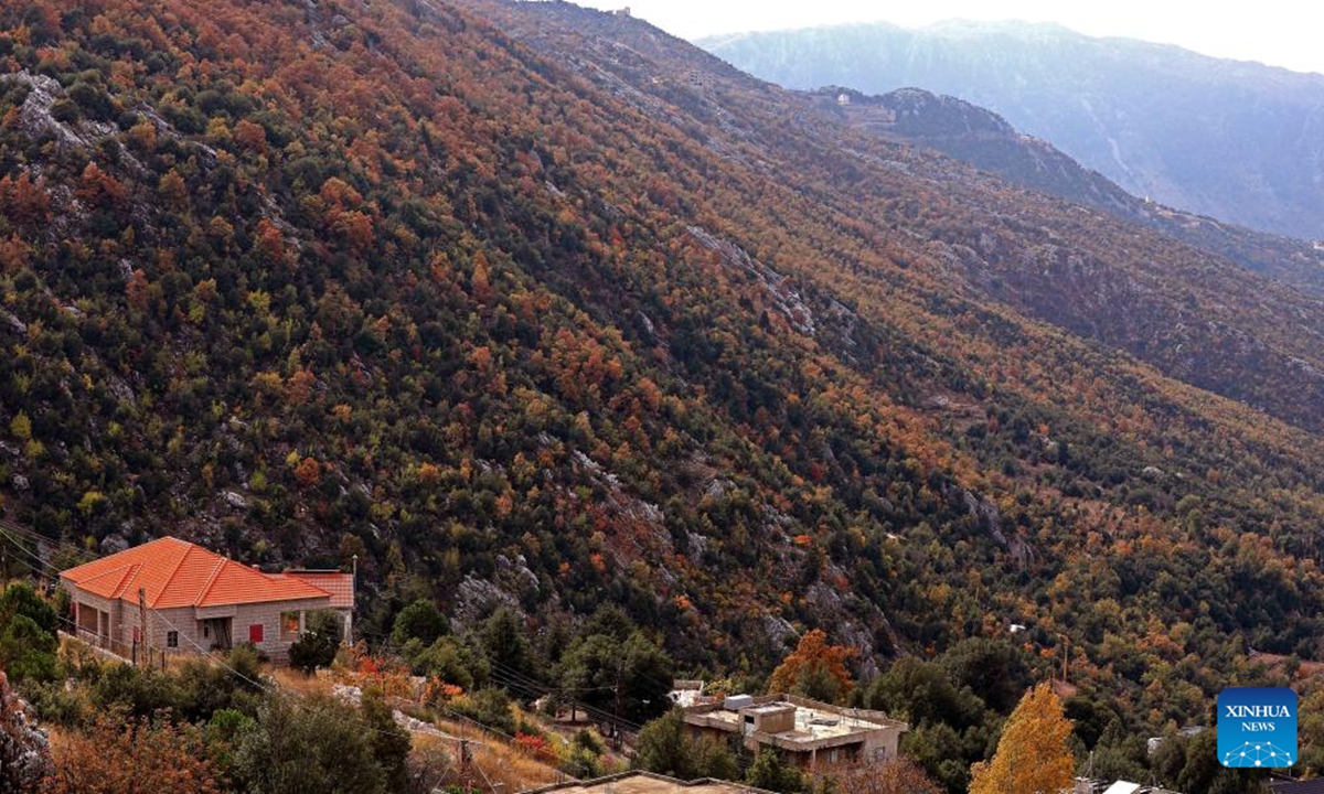 This photo shows the autumn scenery in the village of Ehmej in Mount Lebanon, Lebanon, on Nov. 3, 2024. (Photo: Xinhua)