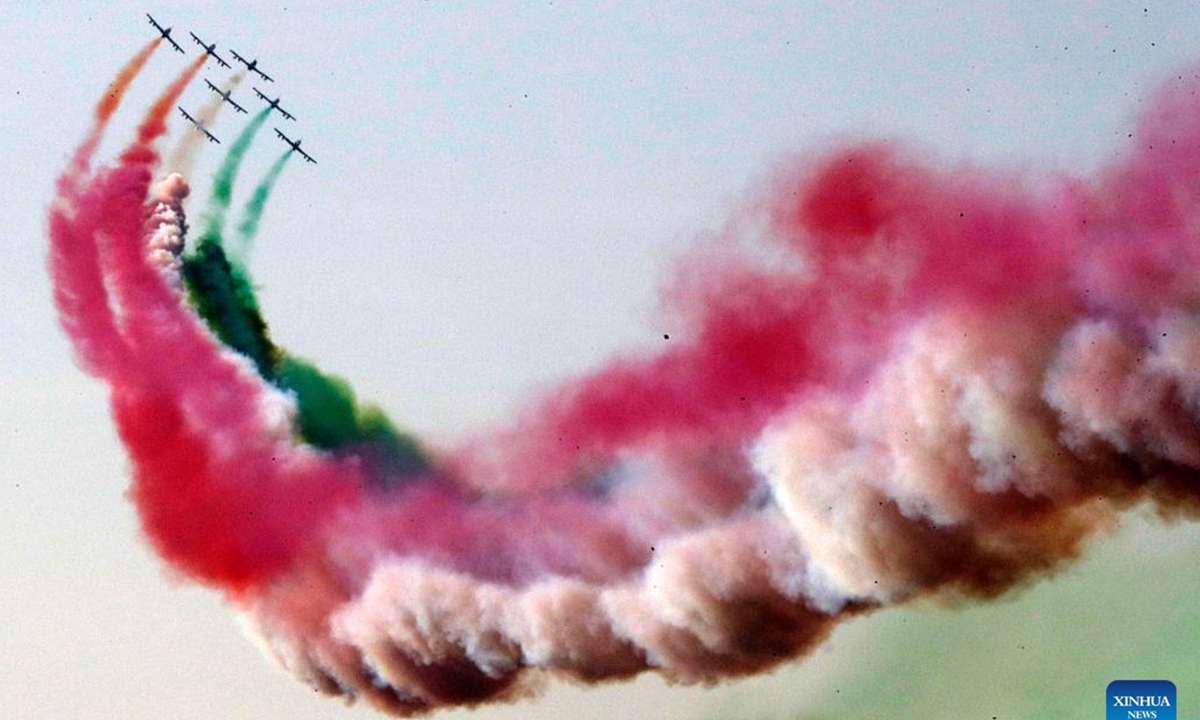 The Italian Air Force's Frecce Tricolori aerobatic squad performs in celebration of the Italian National Unity and Armed Forces Day in Rome, Italy, on Nov. 4, 2024.  (Photo: Xinhua)