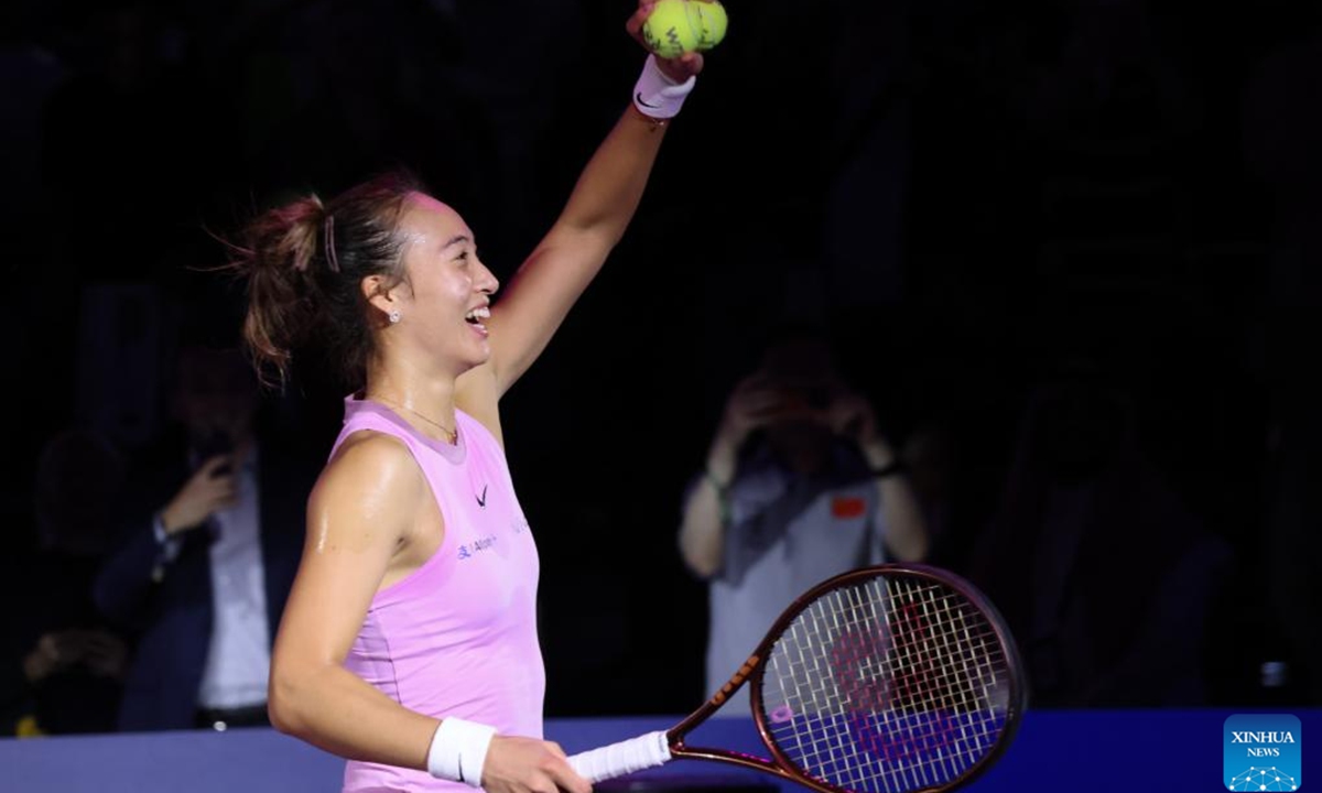 Zheng Qinwen of China celebrates after winning the round robin match against Elena Rybakina of Kazakhstan at WTA Finals tennis tournament in Riyadh, Saudi Arabia, Nov. 4, 2024. (Photo: Xinhua)