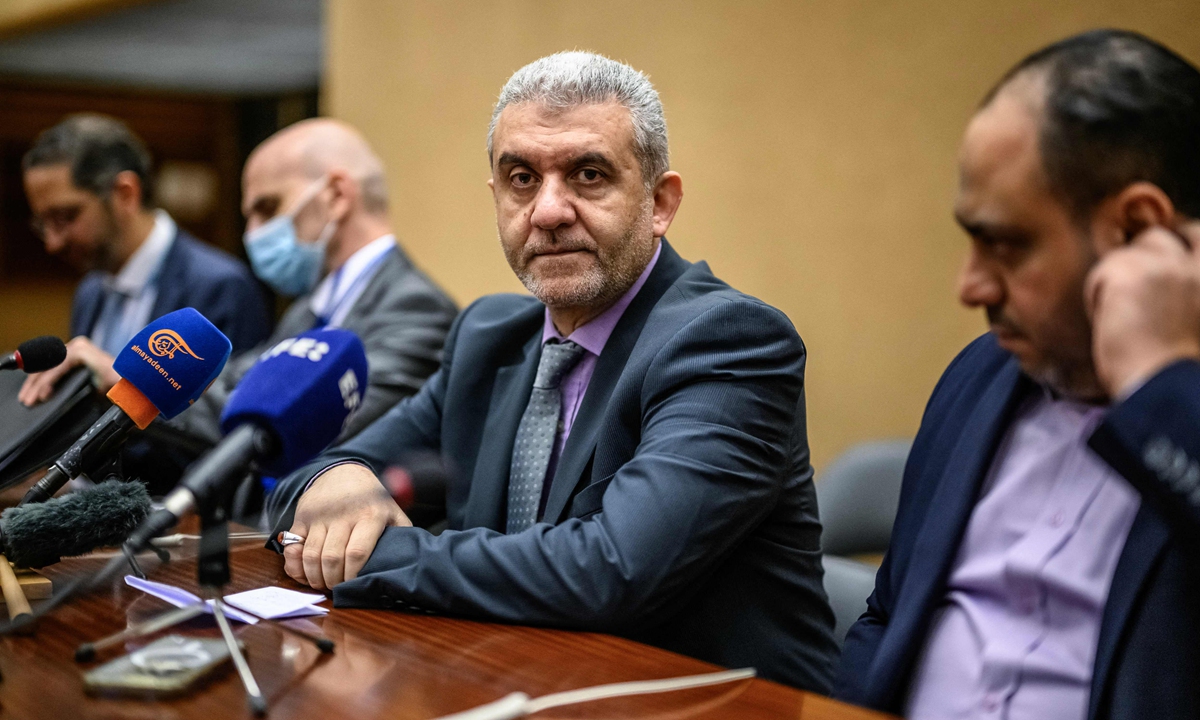 Lebanese Labor Minister Mustafa Bayram (center) looks on during a press conference in Geneva on November 6, 2024, after filing a complaint to the International Labour Organization against Israel over the deadly pager attacks carried out in September. Photo: VCG