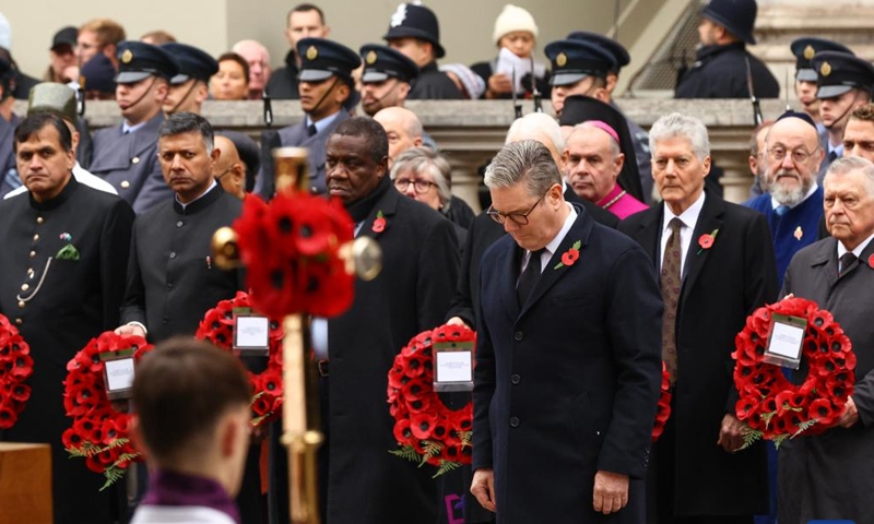 British Prime Minister Keir Starmer (front) attends the Remembrance Sunday ceremony, marking the 106th anniversary of the end of the First World War in London, Britain, Nov. 10, 2024. (Alecsandra Dragoi/No. 10 Downing Street/Handout via Xinhua)