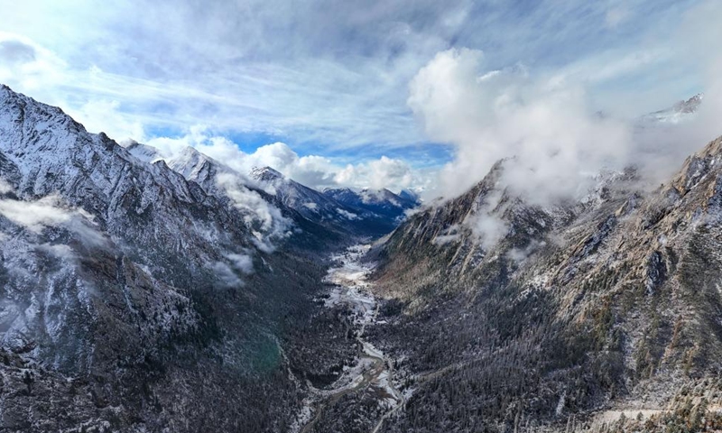 An aerial drone photo taken on Nov. 4, 2024 shows the scenery of Duopugou scenic spot in Dege County of Garze Tibetan Autonomous Prefecture, southwest China's Sichuan Province. The Duopugou scenic spot boasts a picturesque scenery and abundant reserve of animals and plants. (Photo: Xinhua)