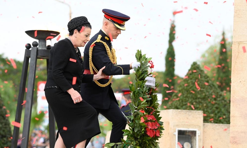 Maltese President Myriam Spiteri Debono (L) lays a wreath at the War Memorial during the Remembrance Day ceremony in Floriana, Malta, Nov. 10, 2024. Malta marked Remembrance Day to remember victims who sacrificed their lives during the two world wars on Sunday. (Photo by Jonathan Borg/Xinhua)