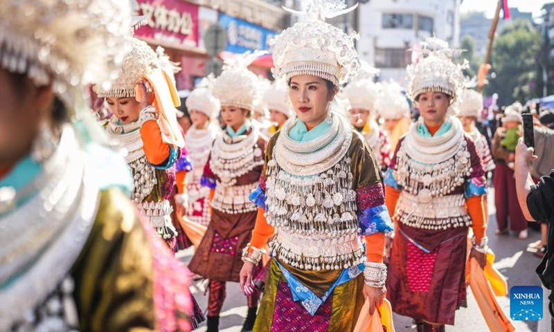 People of Miao ethnic group in traditional costumes take part in a parade to celebrate the Miao New Year at Leishan County of Qiandongnan Miao and Dong Autonomous Prefecture, southwest China's Guizhou Province, Nov. 10, 2024. Miao New Year is a major festival of people of Miao ethnic group. In 2008, the festival was listed as a national-level intangible cultural heritage. (Xinhua/Tao Liang)