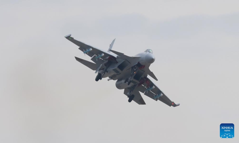 A J-15 fighter jet conducts adaptive training for the upcoming 15th Airshow China in Zhuhai, south China's Guangdong Province, Nov. 9, 2024. The 15th China International Aviation and Aerospace Exhibition, also known as Airshow China, will be held in Zhuhai from Nov. 12 to 17. (Photo by Ma Ruizhao/Xinhua)