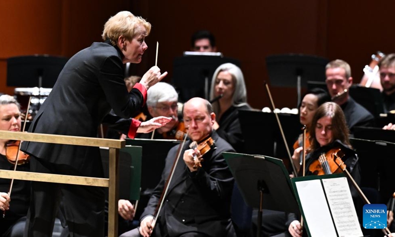 This photo taken on Nov. 9, 2024 shows a performance by the Philadelphia Orchestra in Haikou, south China's Hainan Province. The American orchestra staged a concert in Haikou on Saturday. (Xinhua/Yang Guanyu)