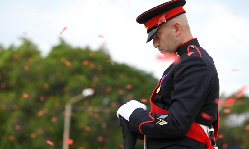 A soldier is seen during the Remembrance Day ceremony at the War Memorial in Floriana, Malta, on Nov. 10, 2024. Malta marked Remembrance Day to remember victims who sacrificed their lives during the two world wars on Sunday. (Photo by Jonathan Borg/Xinhua)