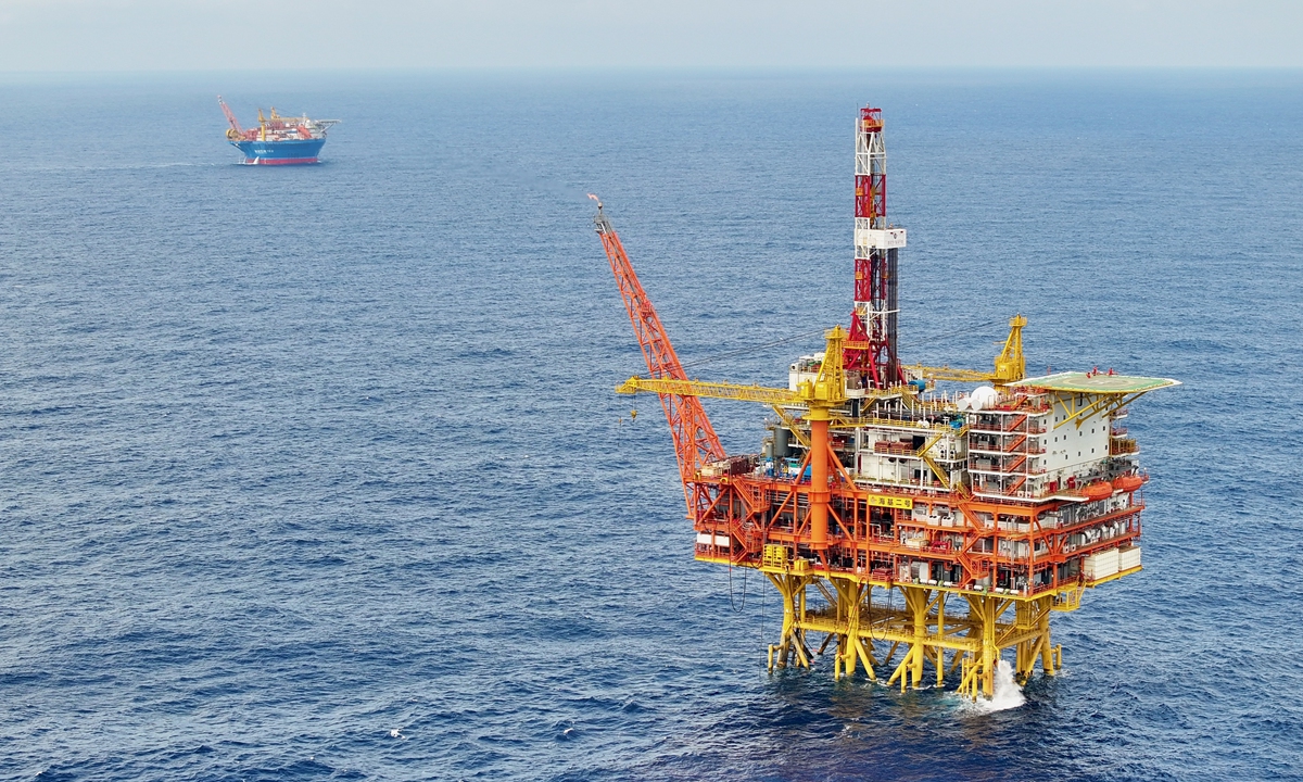 An aerial view of China's homegrown deep-water jacket platform 